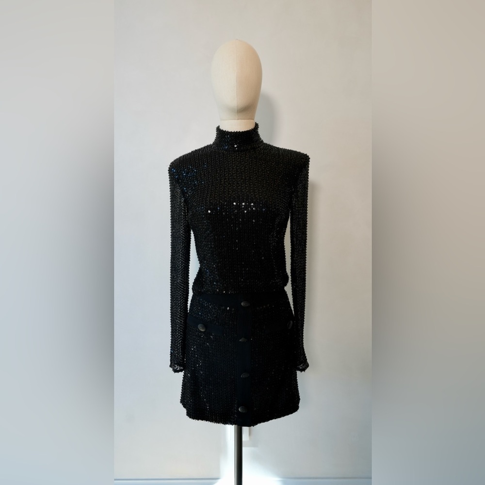 Ramy Brooke Black Sequin High-Neck Knit Skirt Set